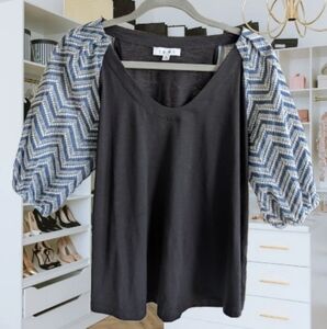 THML Black Top with‎ Embroidered Denim Puff Sleeves V-neck